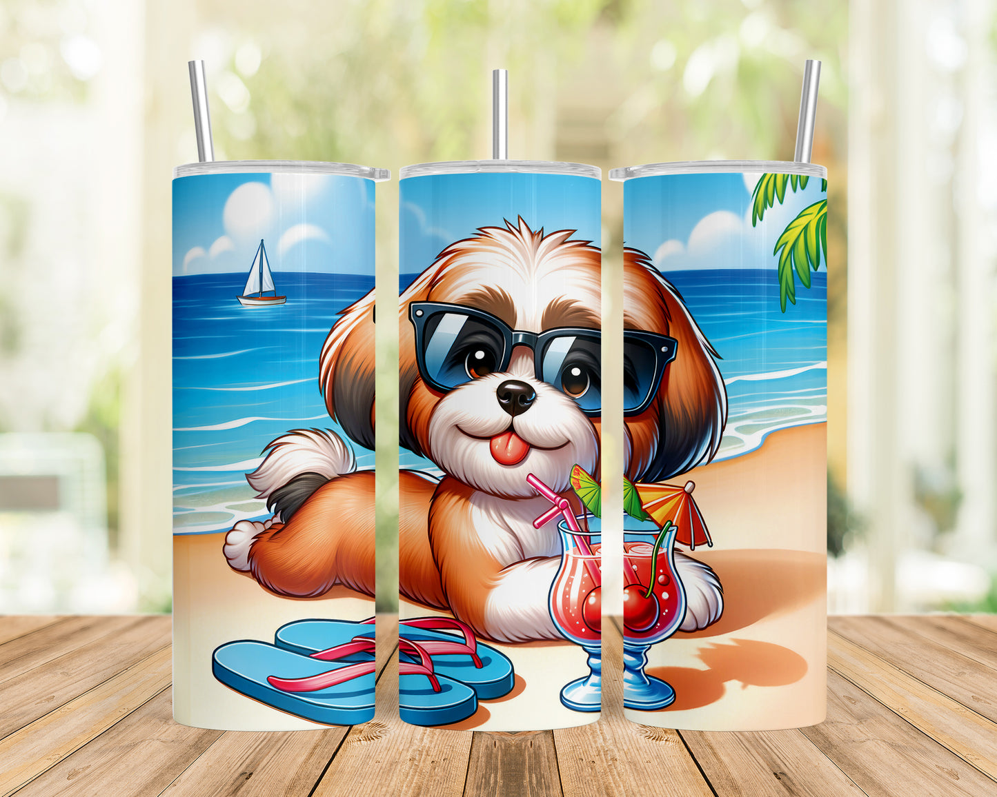 Skinny Tumbler with Straw, 20oz, Dog on Beach, Lhasa Apso, awd-1220