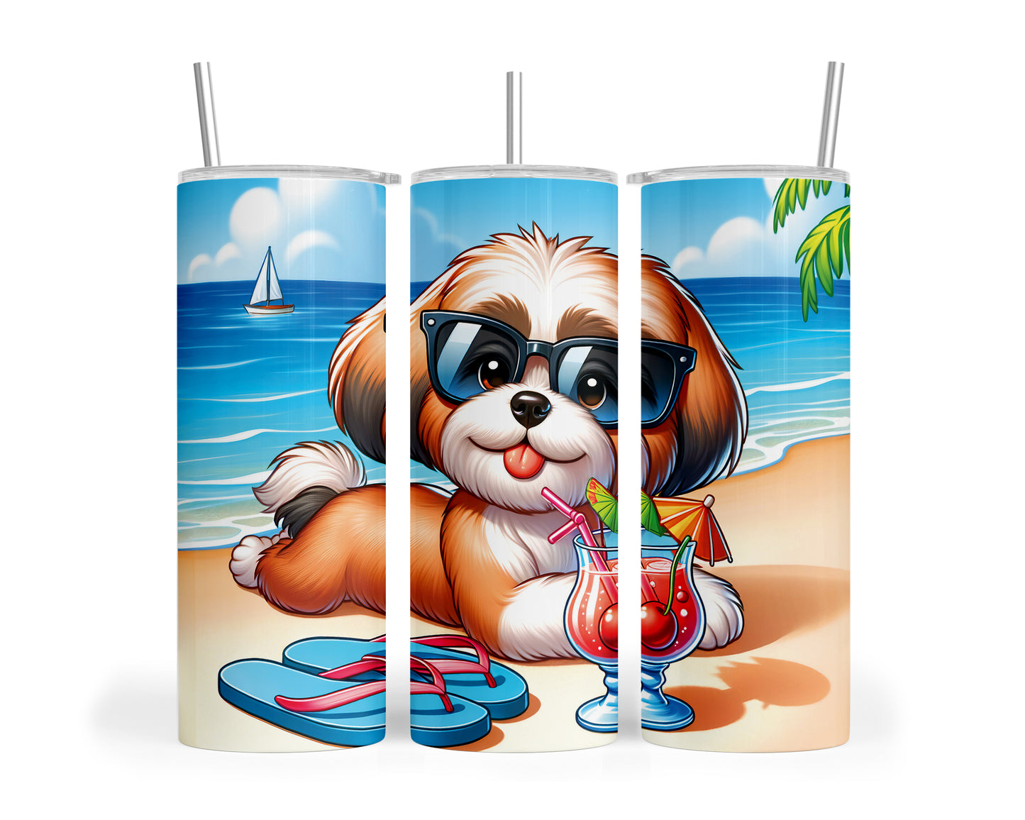 Skinny Tumbler with Straw, 20oz, Dog on Beach, Lhasa Apso, awd-1220