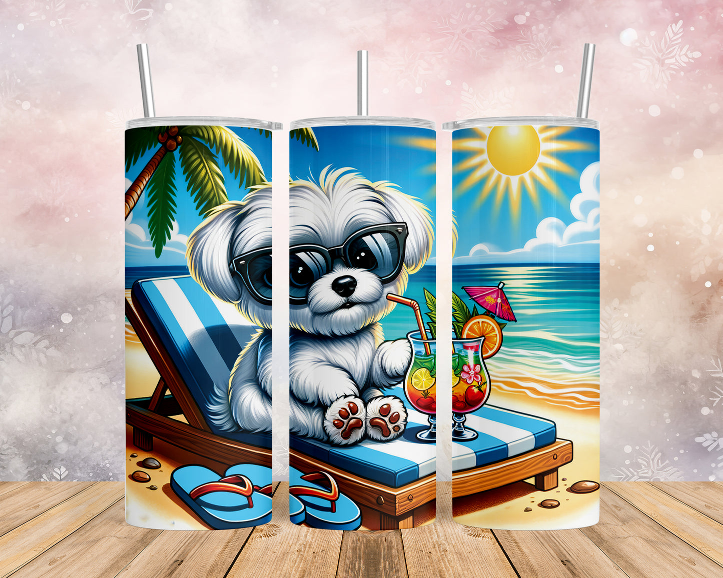 Skinny Tumbler with Straw, 20oz, Dog on Beach, Maltese, awd-1221