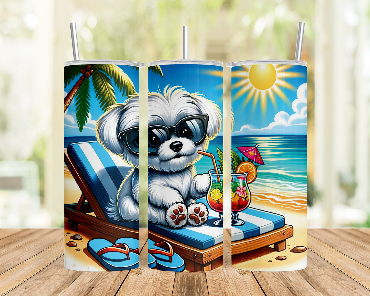 Skinny Tumbler with Straw, 20oz, Dog on Beach, Maltese, awd-1221