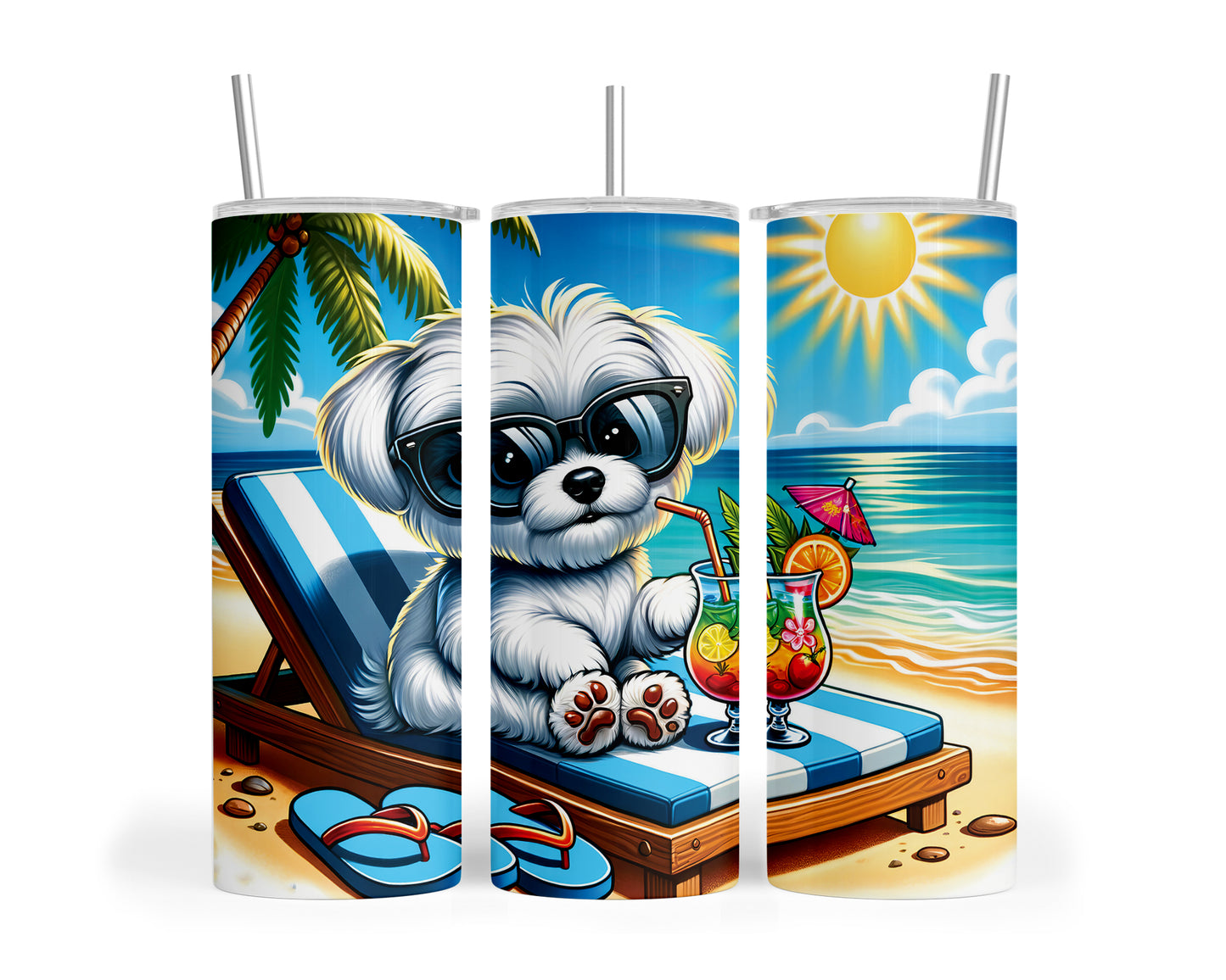 Skinny Tumbler with Straw, 20oz, Dog on Beach, Maltese, awd-1221