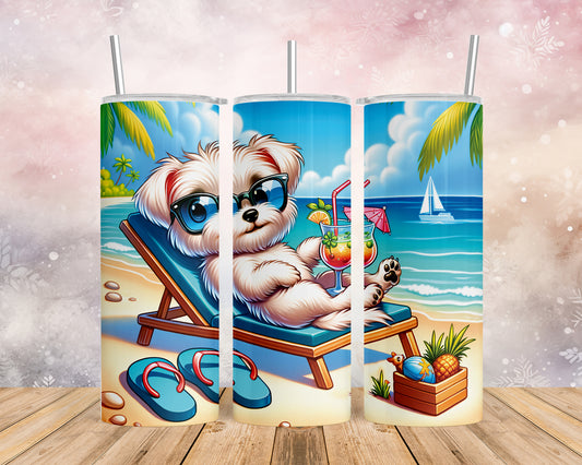 Skinny Tumbler with Straw, 20oz, Dog on Beach, Maltese, awd-1222