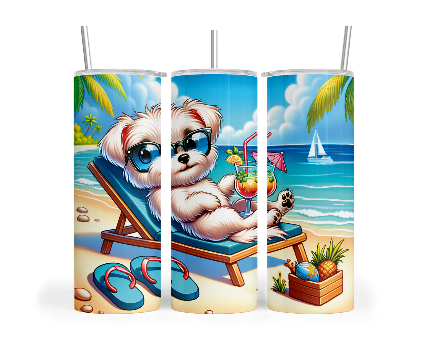 Skinny Tumbler with Straw, 20oz, Dog on Beach, Maltese, awd-1222