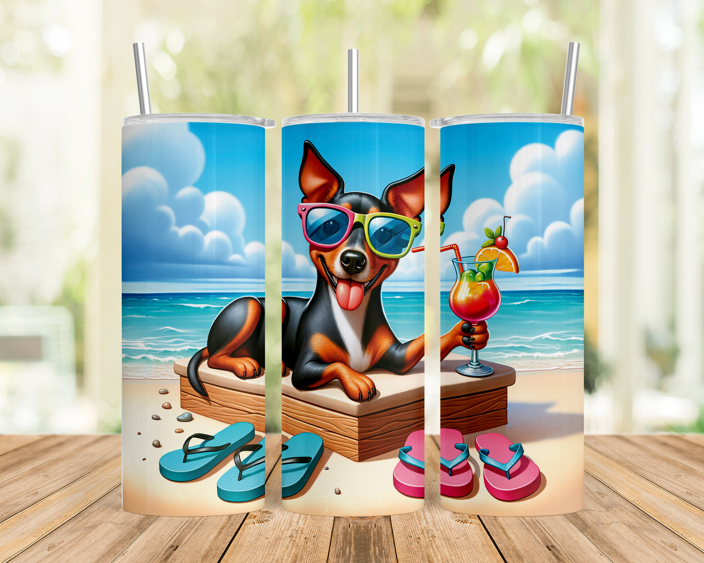 Skinny Tumbler with Straw, 20oz, Dog on Beach, Manchester Terrier, awd-1223