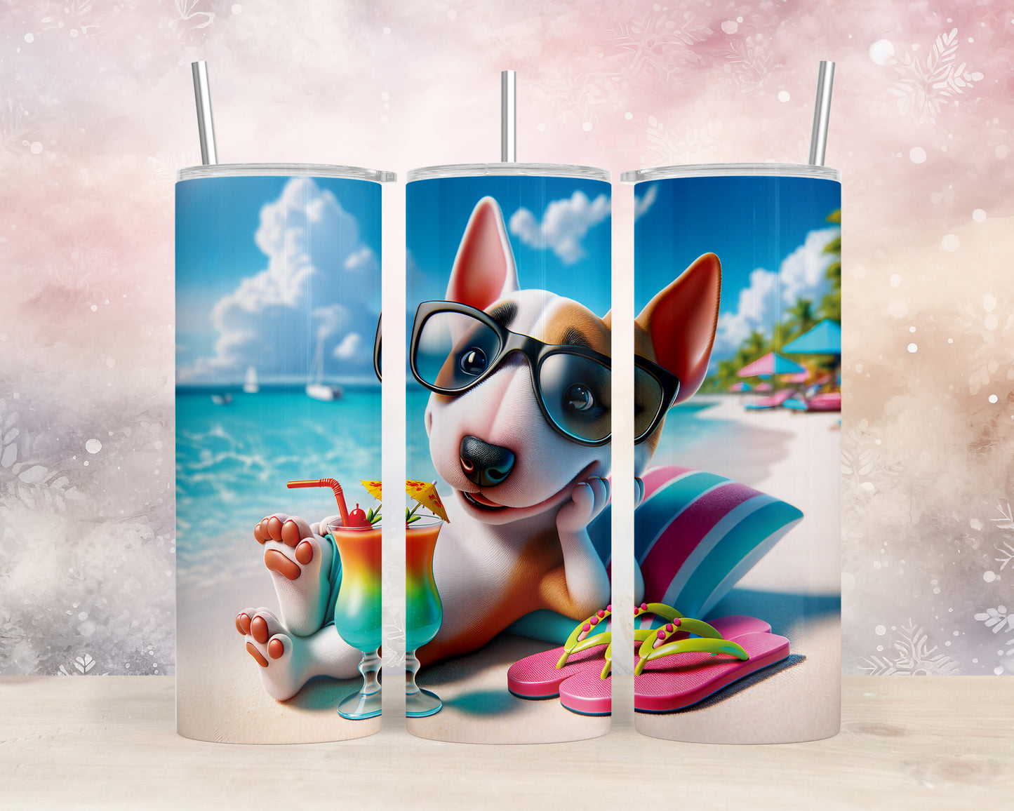 Skinny Tumbler with Straw, 20oz, Dog on Beach, Miniature Bull Terrier, awd-1224