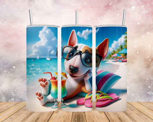 Skinny Tumbler with Straw, 20oz, Dog on Beach, Miniature Bull Terrier, awd-1224