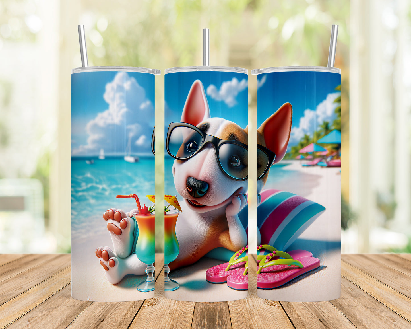 Skinny Tumbler with Straw, 20oz, Dog on Beach, Miniature Bull Terrier, awd-1224