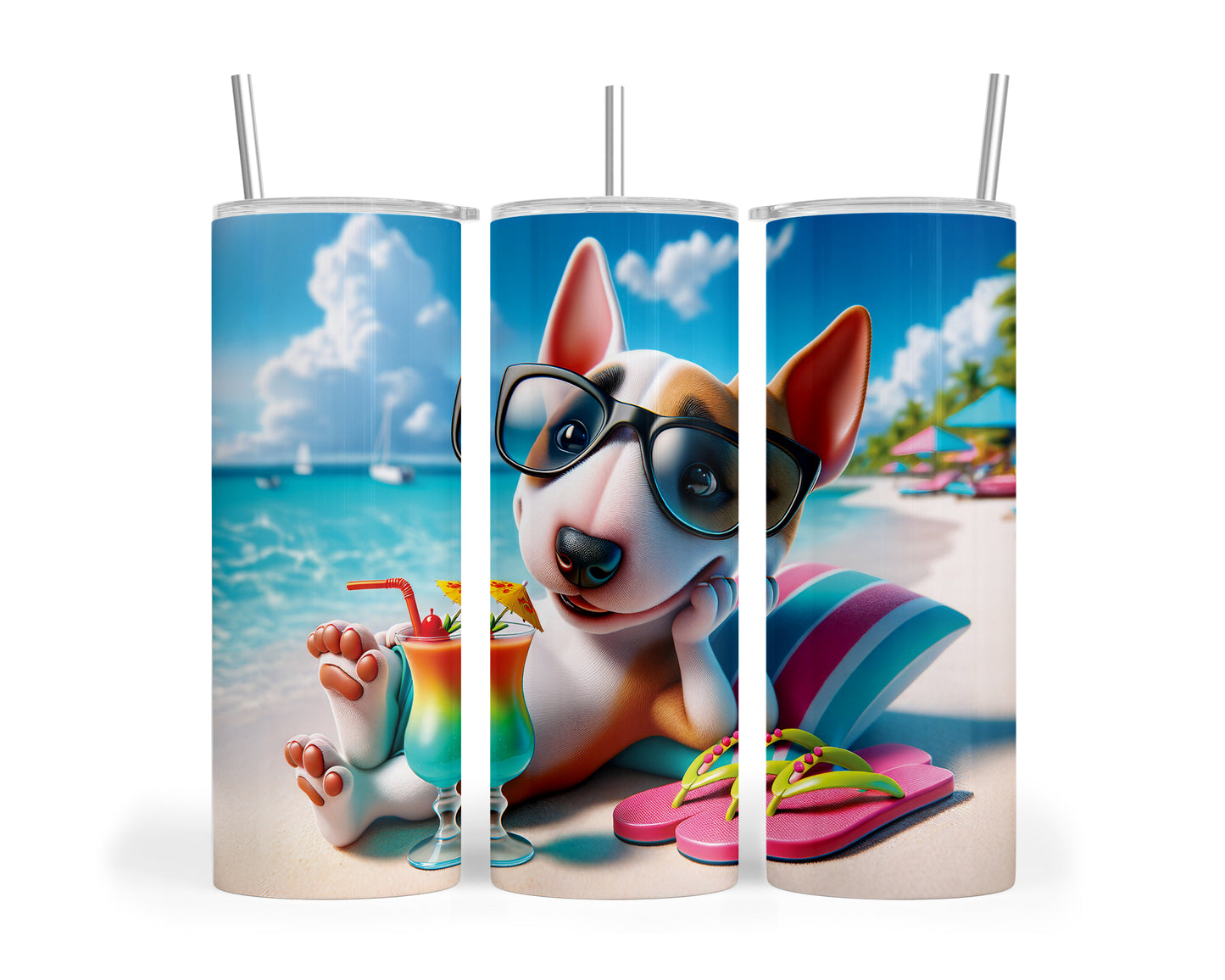 Skinny Tumbler with Straw, 20oz, Dog on Beach, Miniature Bull Terrier, awd-1224