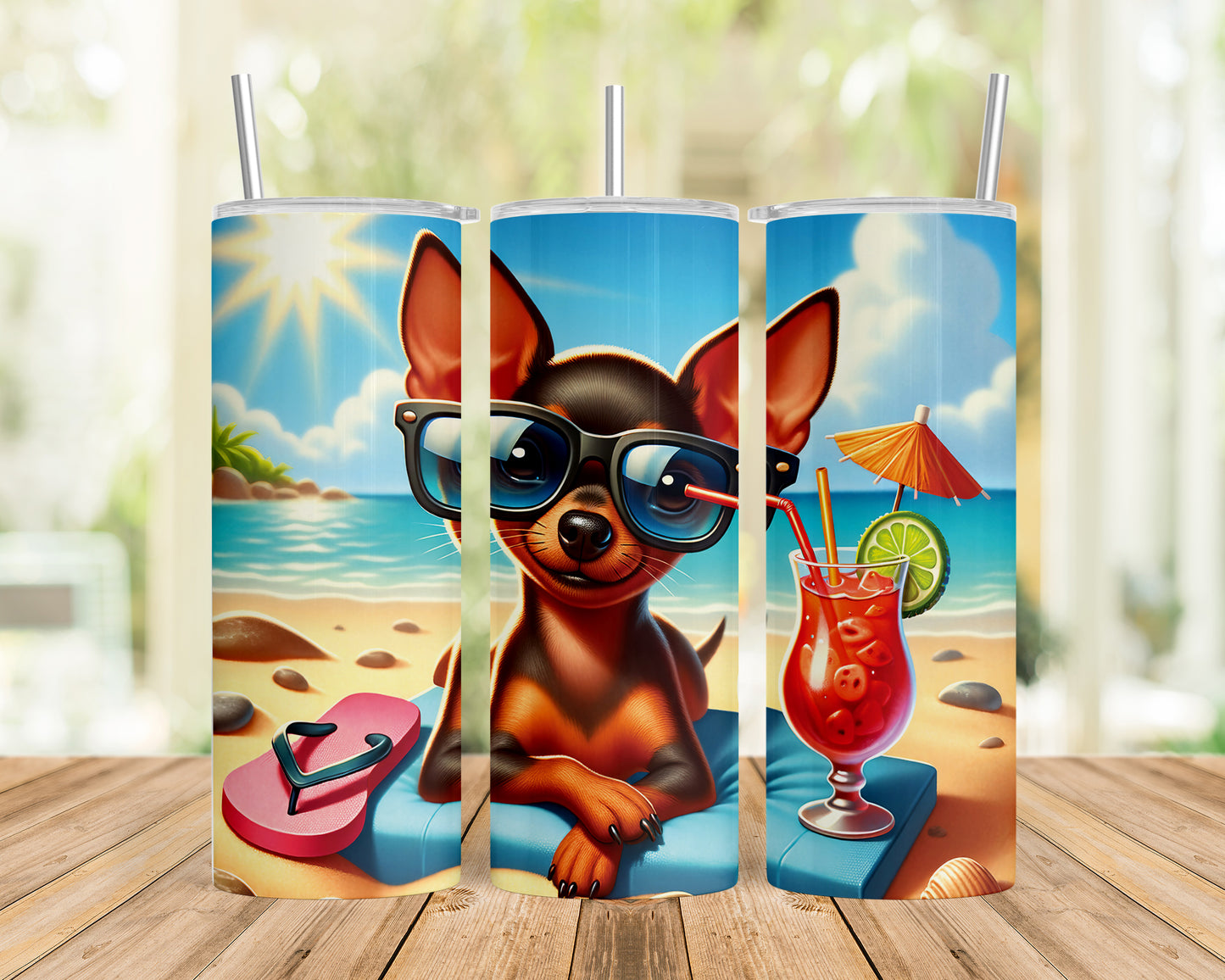 Skinny Tumbler with Straw, 20oz, Dog on Beach, Miniature Pincher, awd-1225