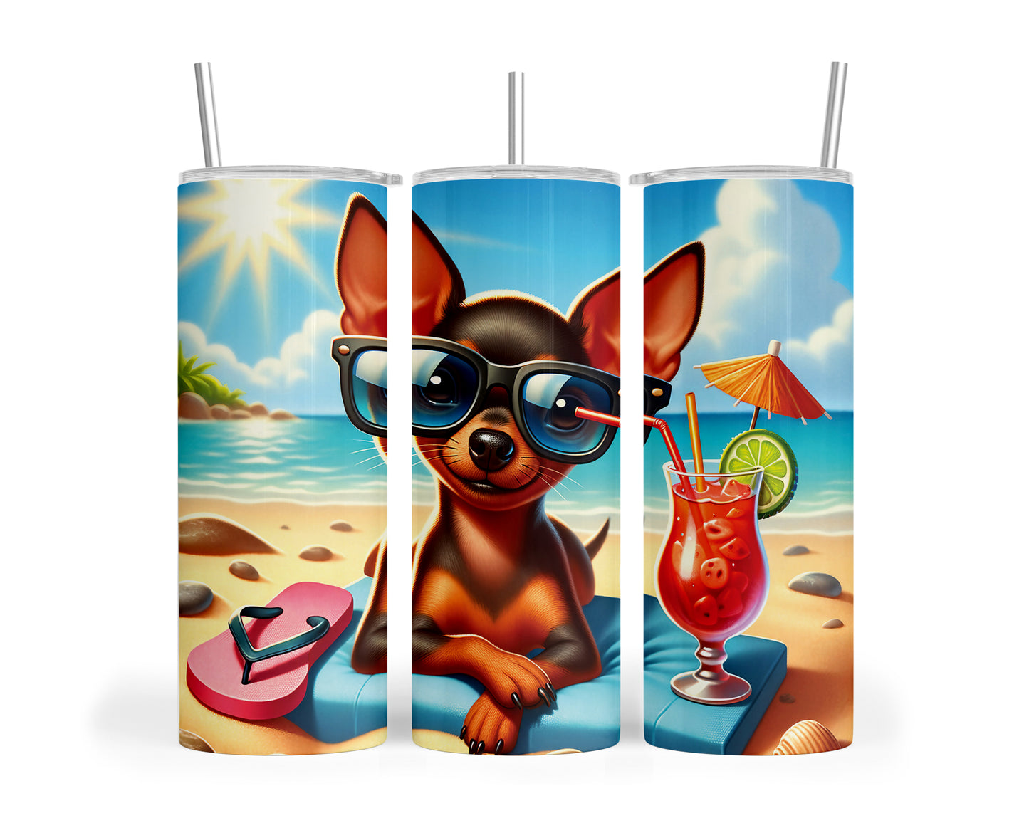 Skinny Tumbler with Straw, 20oz, Dog on Beach, Miniature Pincher, awd-1225