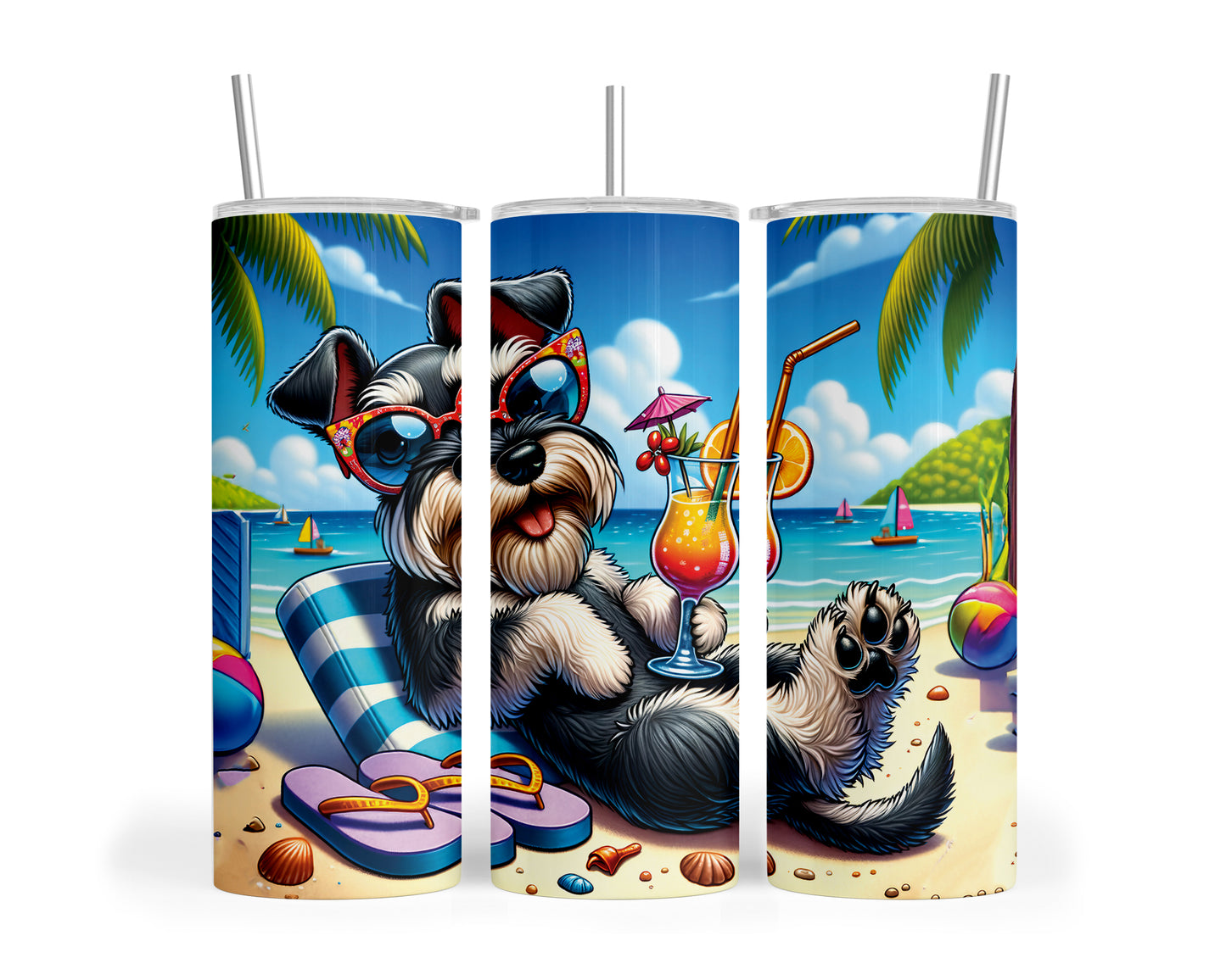 Skinny Tumbler with Straw, 20oz, Dog on Beach, Miniature Schnauzer, awd-1226