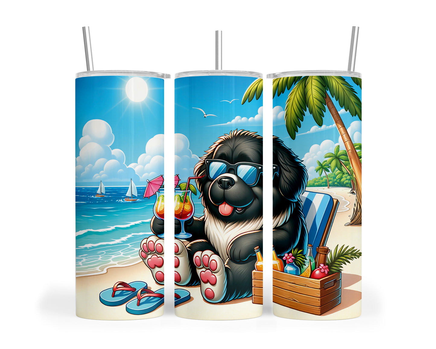 Skinny Tumbler with Straw, 20oz, Dog on Beach, Newfoundland, awd-1227