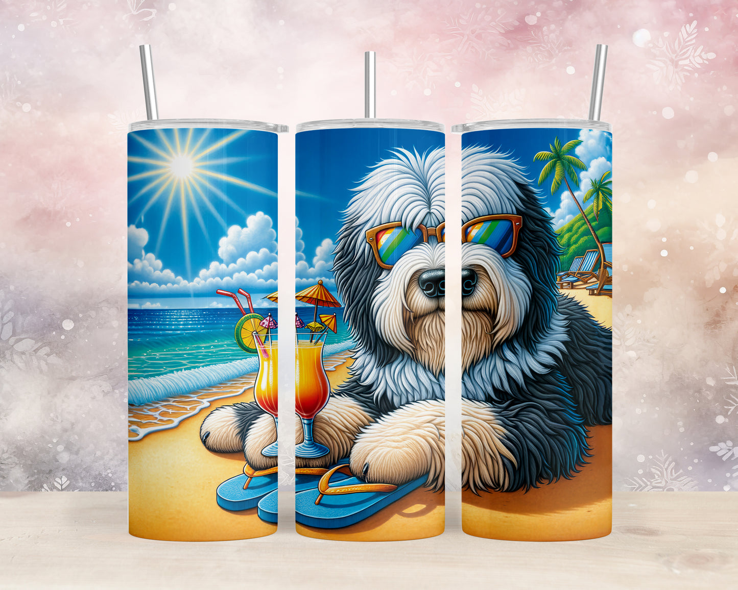 Skinny Tumbler with Straw, 20oz, Dog on Beach, Old English Sheepdog, awd-1228