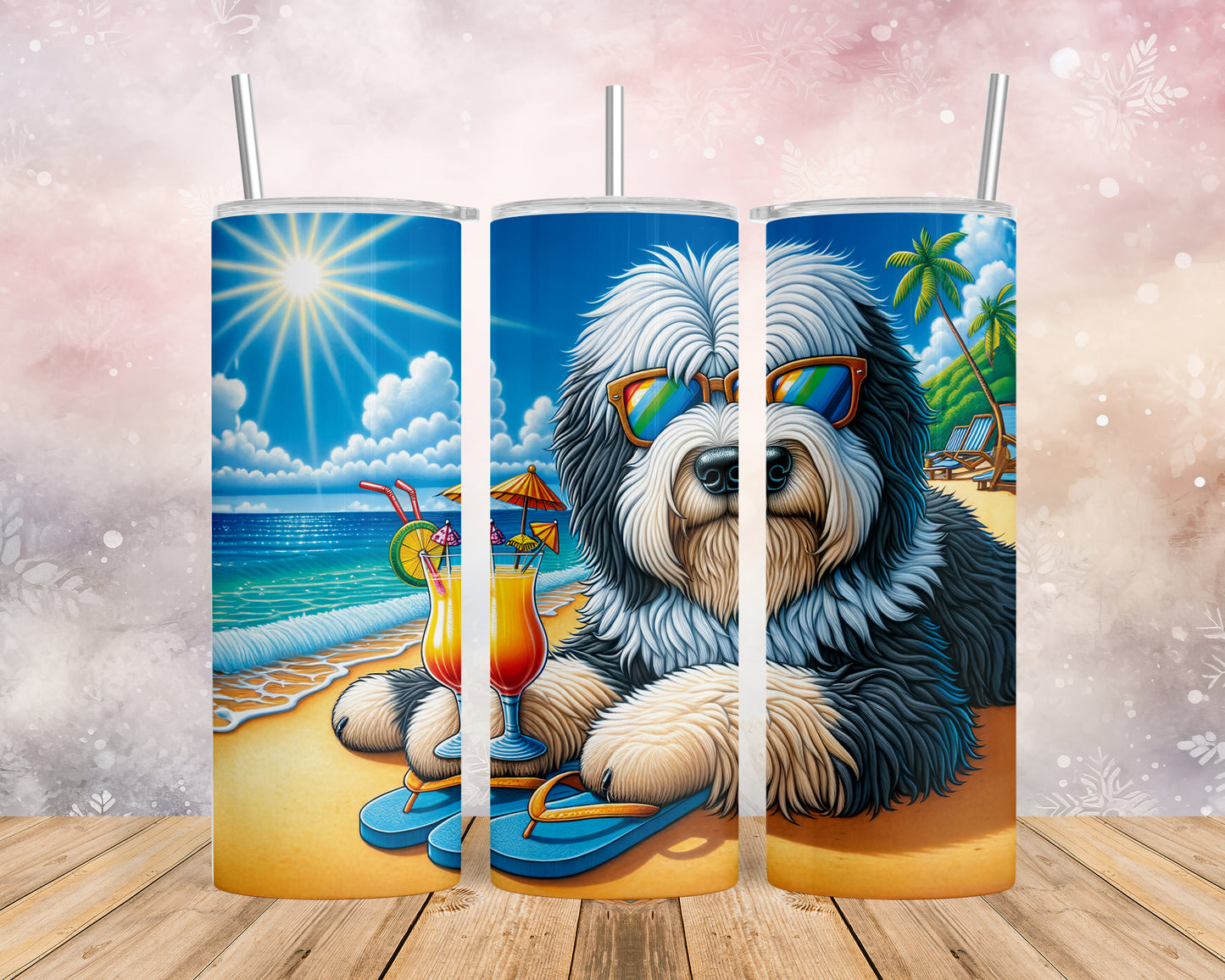 Skinny Tumbler with Straw, 20oz, Dog on Beach, Old English Sheepdog, awd-1228