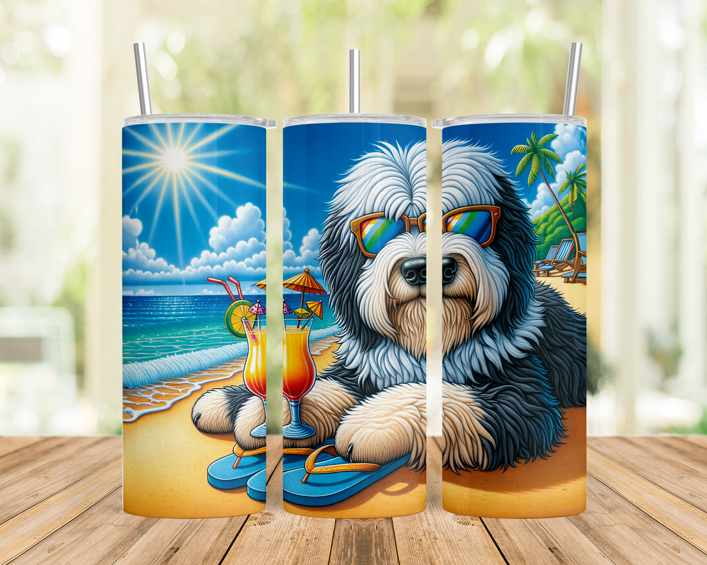 Skinny Tumbler with Straw, 20oz, Dog on Beach, Old English Sheepdog, awd-1228