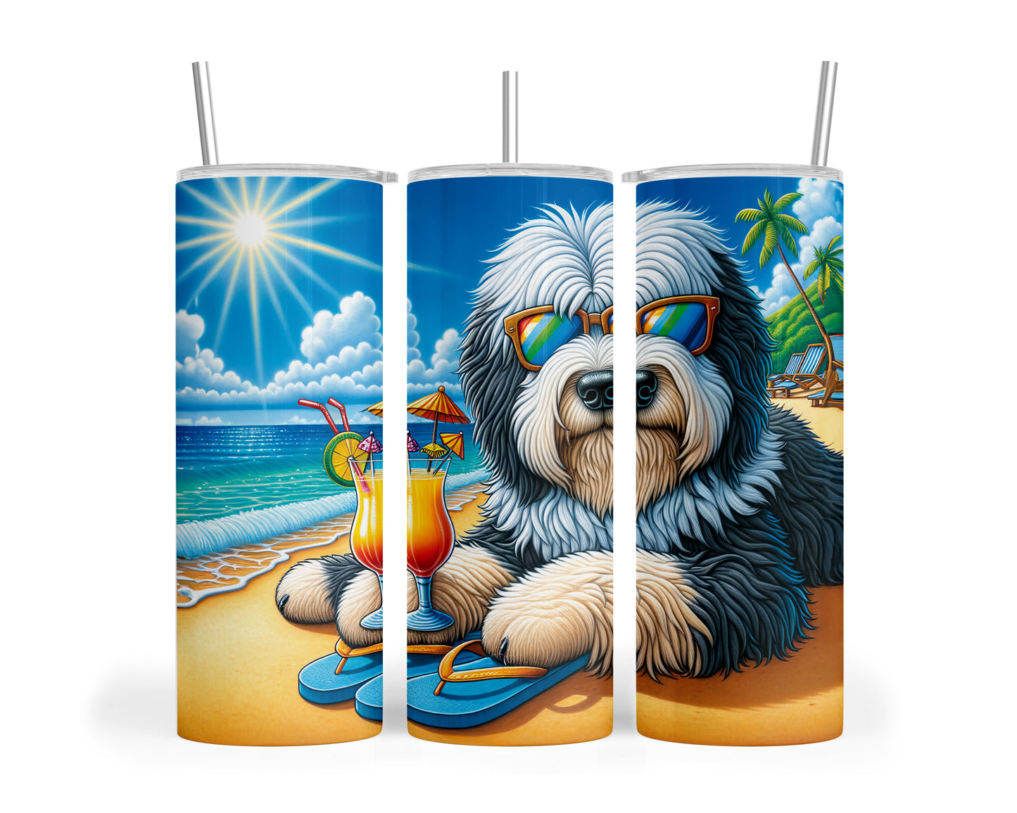 Skinny Tumbler with Straw, 20oz, Dog on Beach, Old English Sheepdog, awd-1228