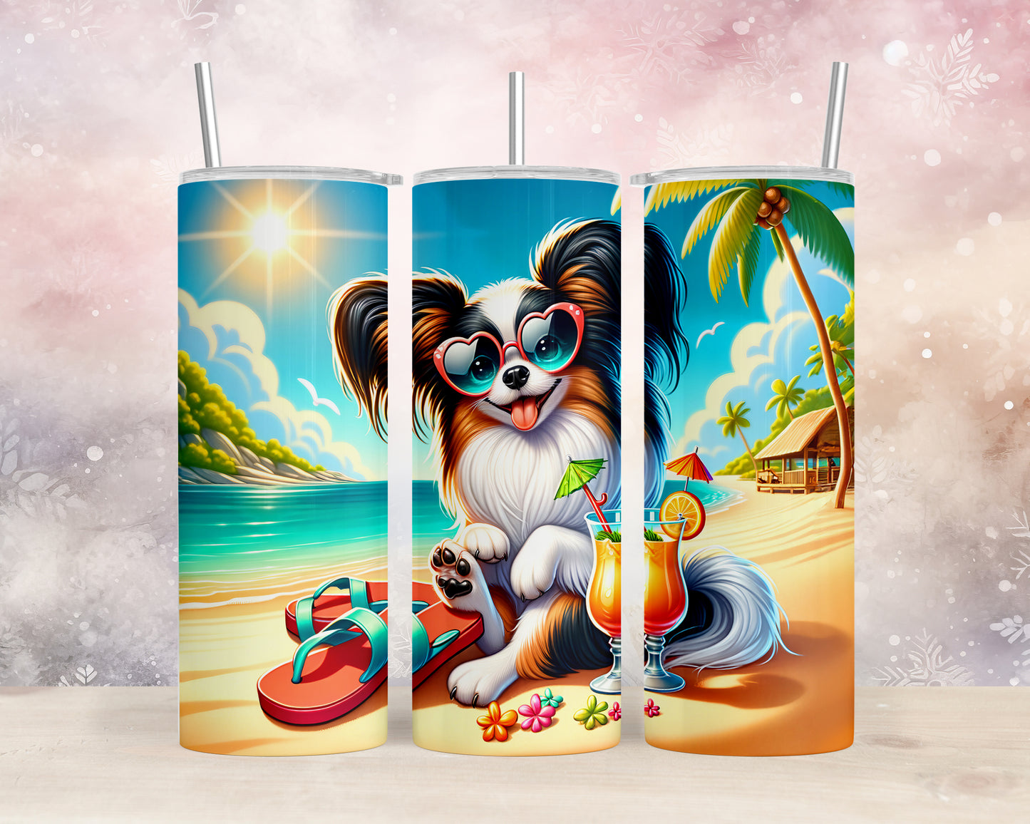 Skinny Tumbler with Straw, 20oz, Dog on Beach, Old Papillon, awd-1229