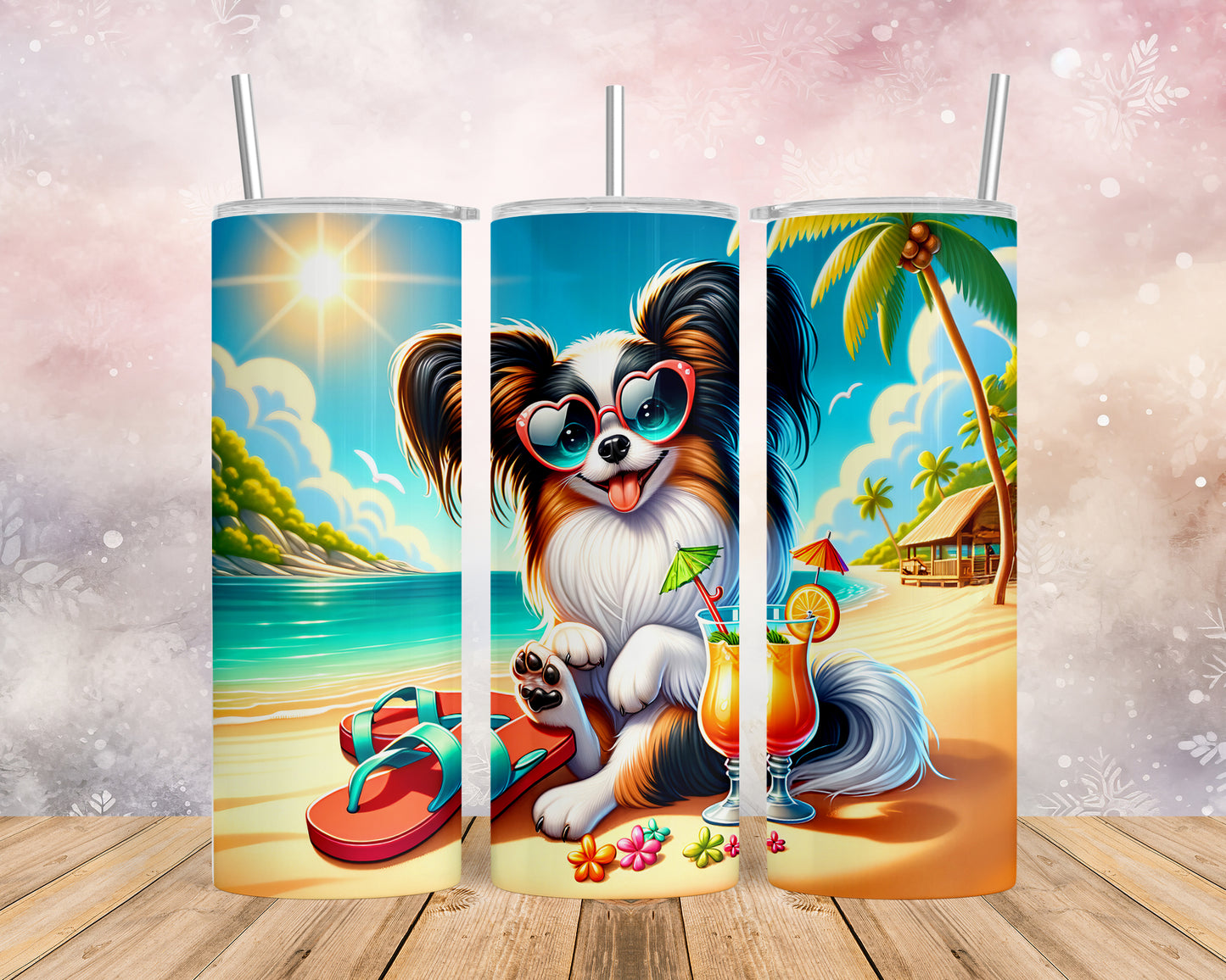 Skinny Tumbler with Straw, 20oz, Dog on Beach, Old Papillon, awd-1229