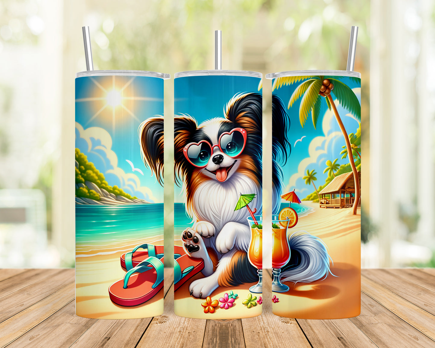 Skinny Tumbler with Straw, 20oz, Dog on Beach, Old Papillon, awd-1229