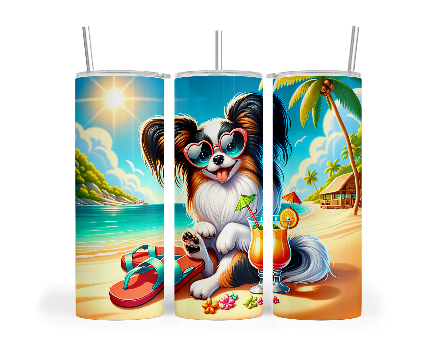 Skinny Tumbler with Straw, 20oz, Dog on Beach, Old Papillon, awd-1229