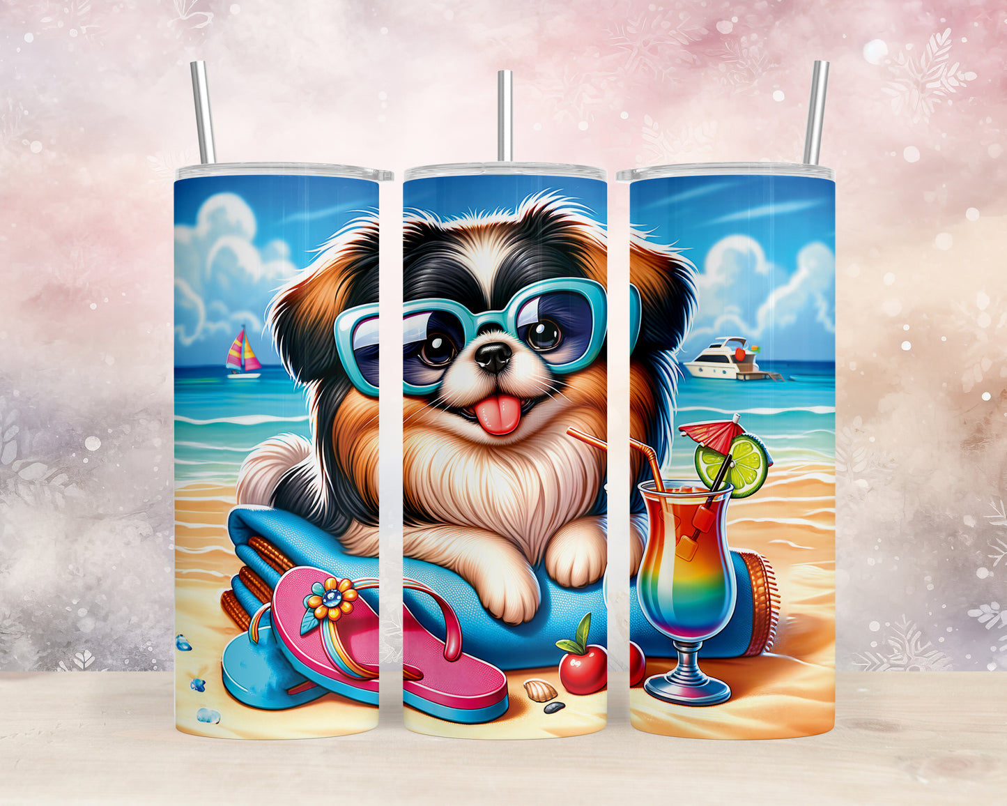 Skinny Tumbler with Straw, 20oz, Dog on Beach, Pekinese, awd-1230