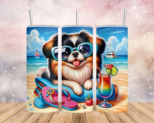 Skinny Tumbler with Straw, 20oz, Dog on Beach, Pekinese, awd-1230