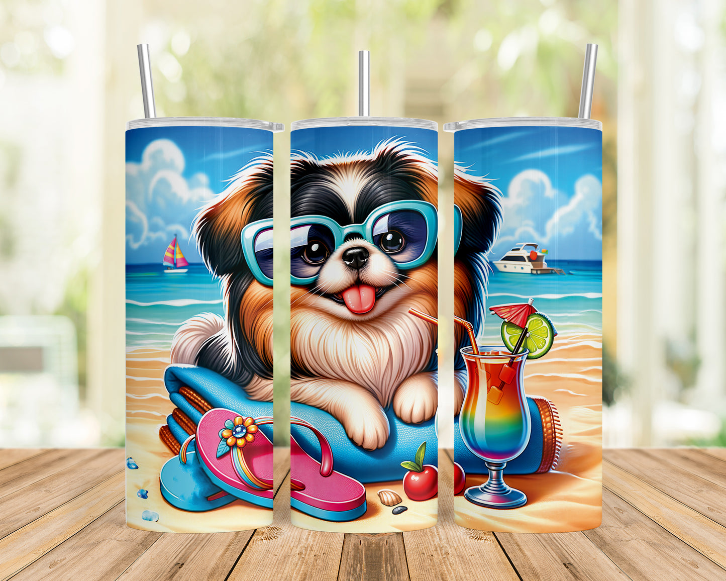 Skinny Tumbler with Straw, 20oz, Dog on Beach, Pekinese, awd-1230