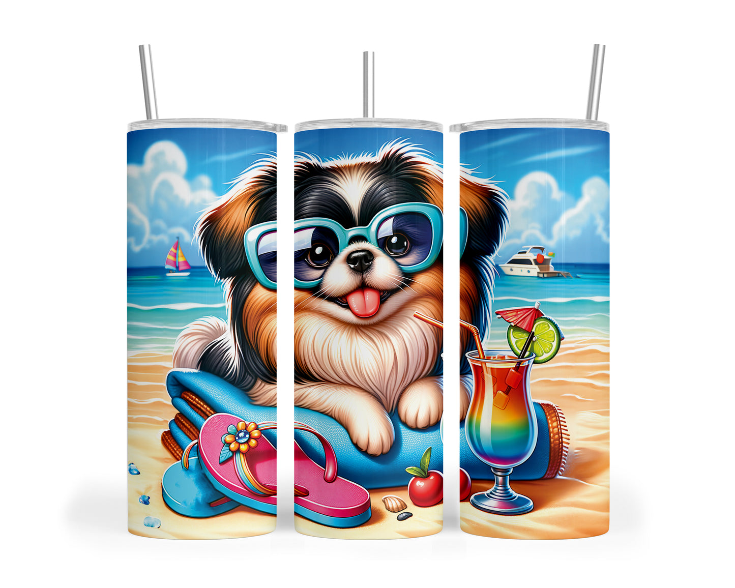 Skinny Tumbler with Straw, 20oz, Dog on Beach, Pekinese, awd-1230