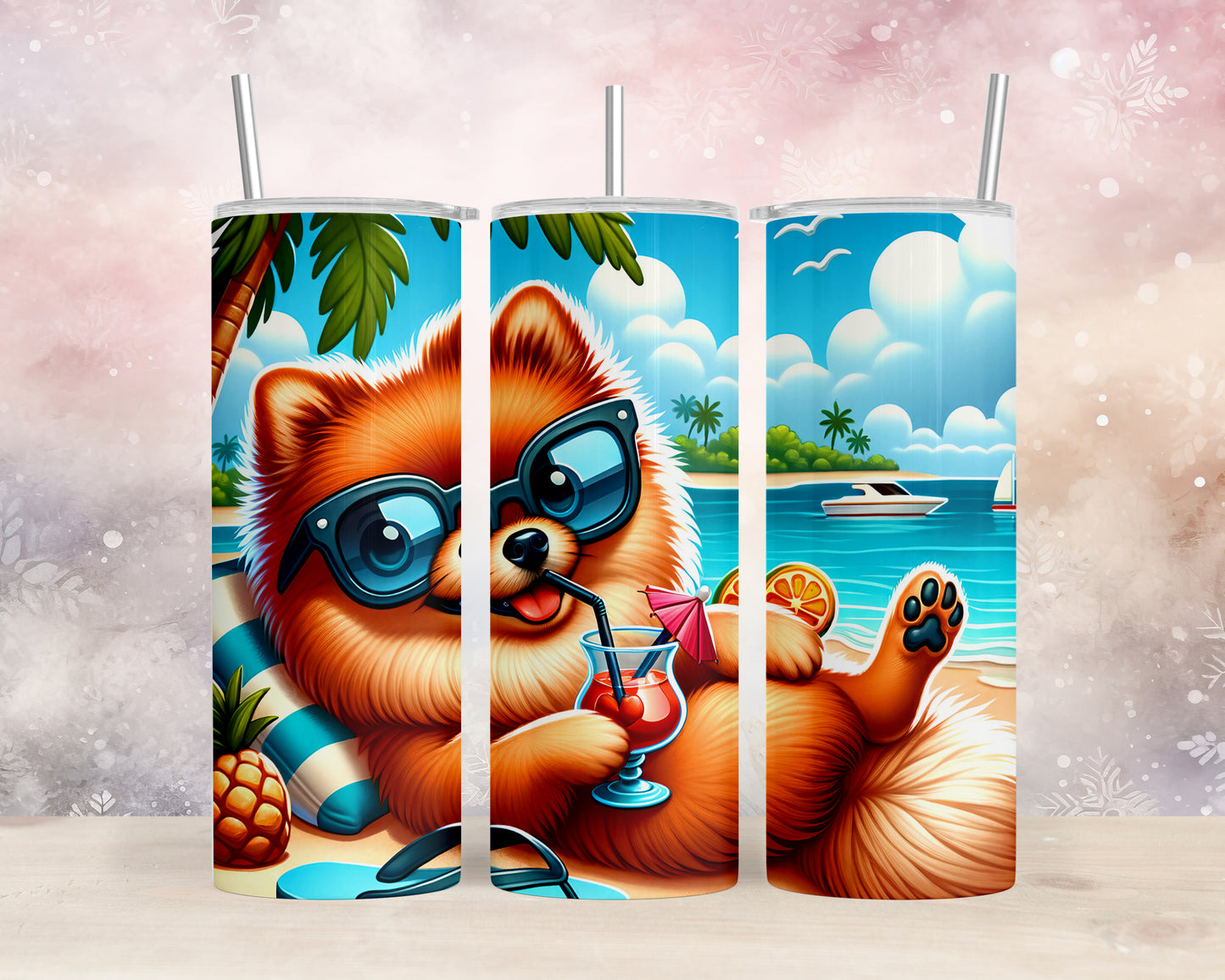 Skinny Tumbler with Straw, 20oz, Dog on Beach, Pomeranian, awd-1231