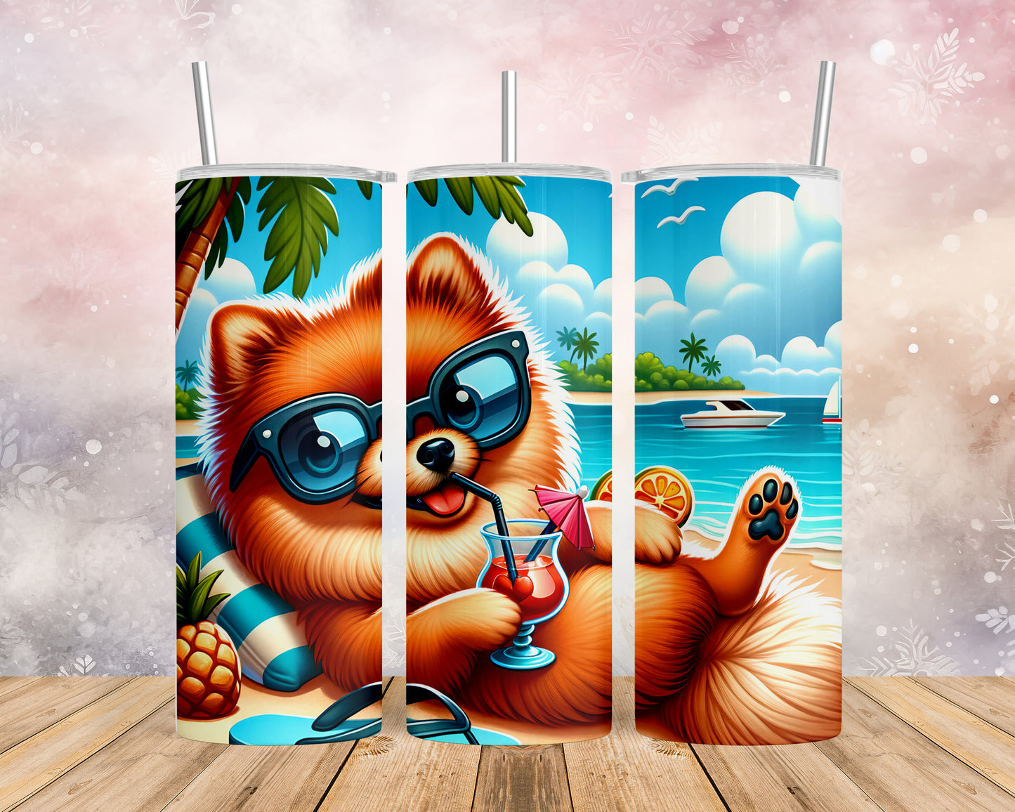 Skinny Tumbler with Straw, 20oz, Dog on Beach, Pomeranian, awd-1231