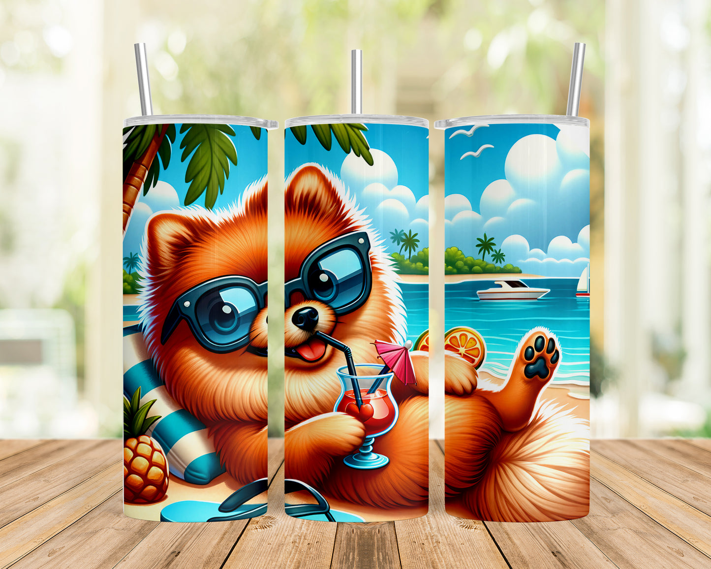 Skinny Tumbler with Straw, 20oz, Dog on Beach, Pomeranian, awd-1231