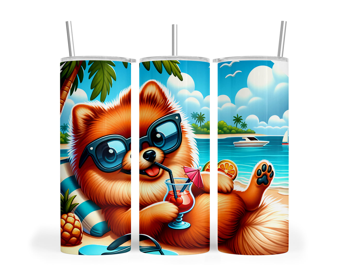 Skinny Tumbler with Straw, 20oz, Dog on Beach, Pomeranian, awd-1231