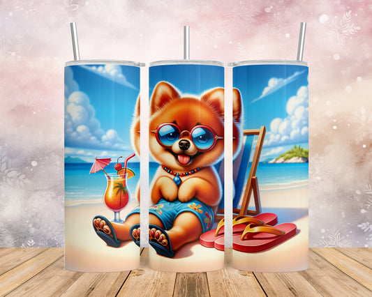 Skinny Tumbler with Straw, 20oz, Dog on Beach,  Cute Pomeranian, awd-1232