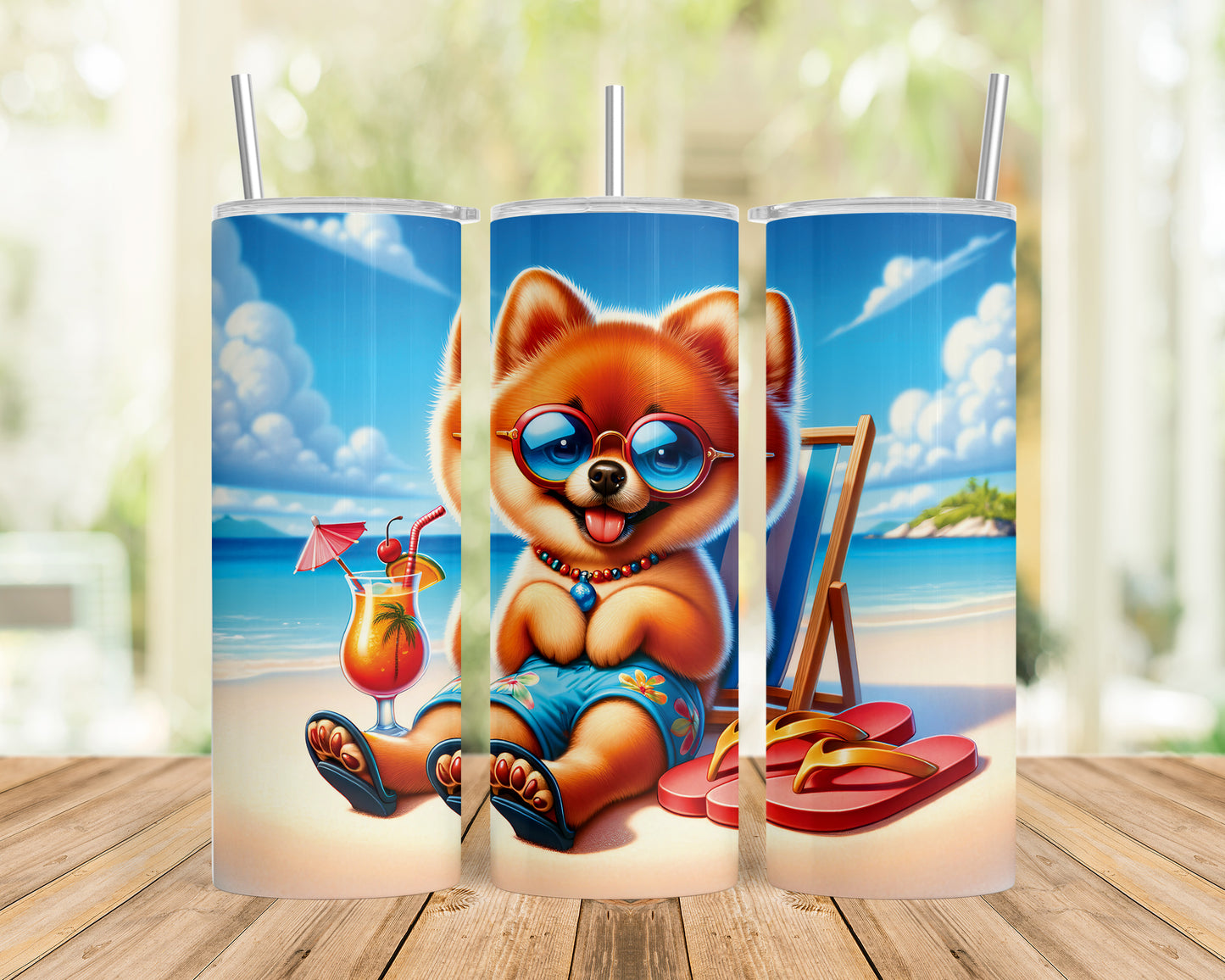 Skinny Tumbler with Straw, 20oz, Dog on Beach,  Cute Pomeranian, awd-1232