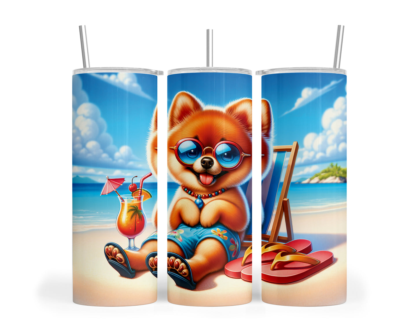 Skinny Tumbler with Straw, 20oz, Dog on Beach,  Cute Pomeranian, awd-1232