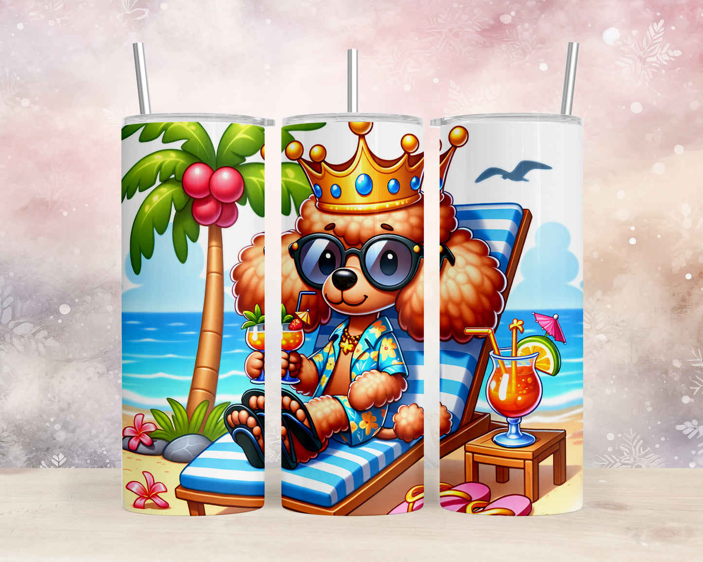 Skinny Tumbler with Straw, 20oz, Dog on Beach, Poodle with Crown, awd-1233