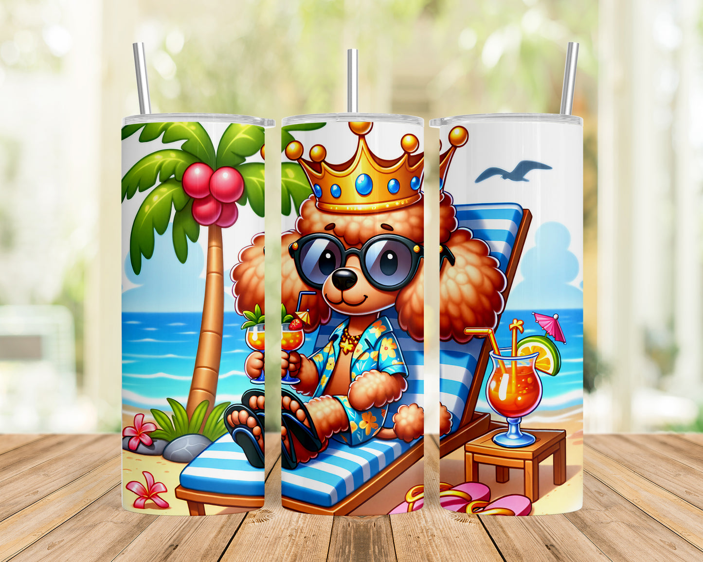 Skinny Tumbler with Straw, 20oz, Dog on Beach, Poodle with Crown, awd-1233