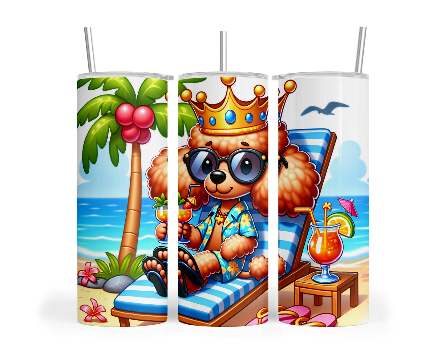 Skinny Tumbler with Straw, 20oz, Dog on Beach, Poodle with Crown, awd-1233