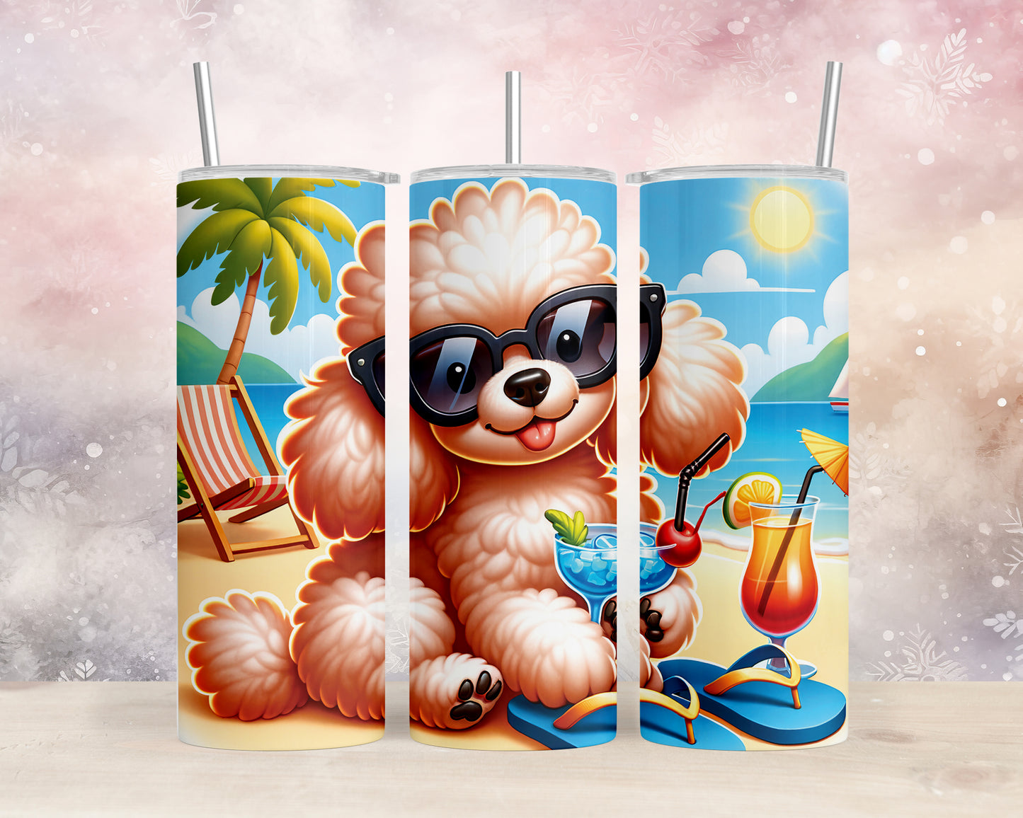 Skinny Tumbler with Straw, 20oz, Dog on Beach,  Poodle, awd-1234