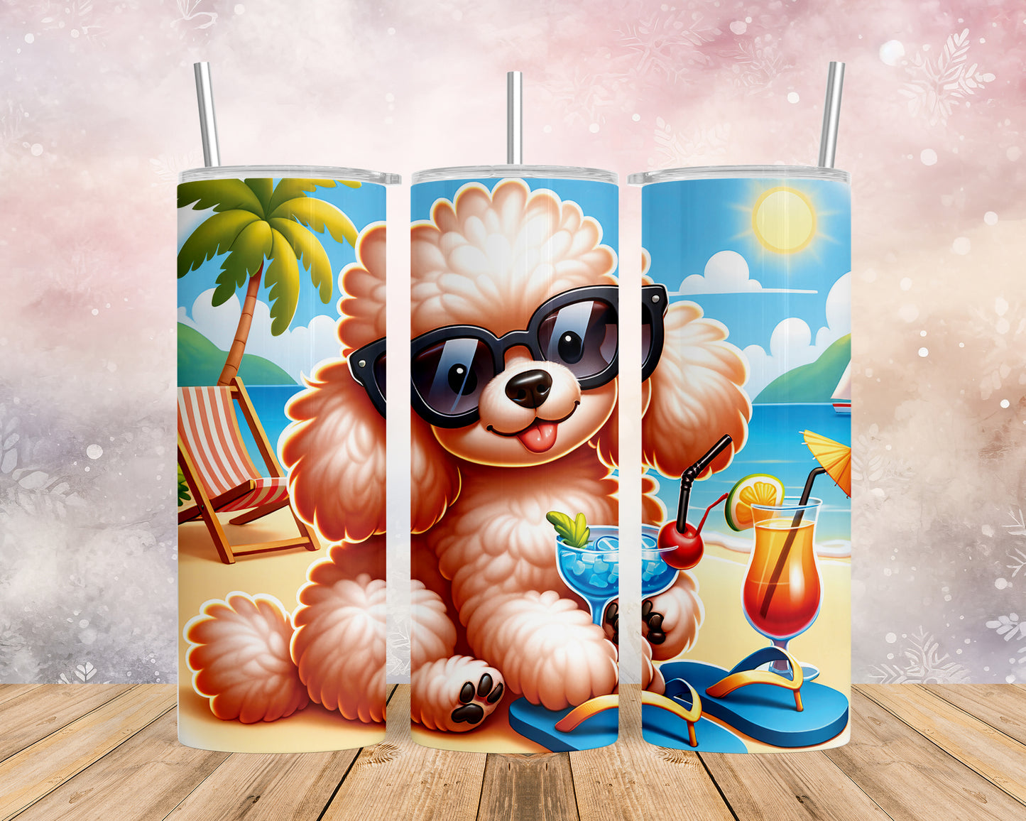 Skinny Tumbler with Straw, 20oz, Dog on Beach,  Poodle, awd-1234