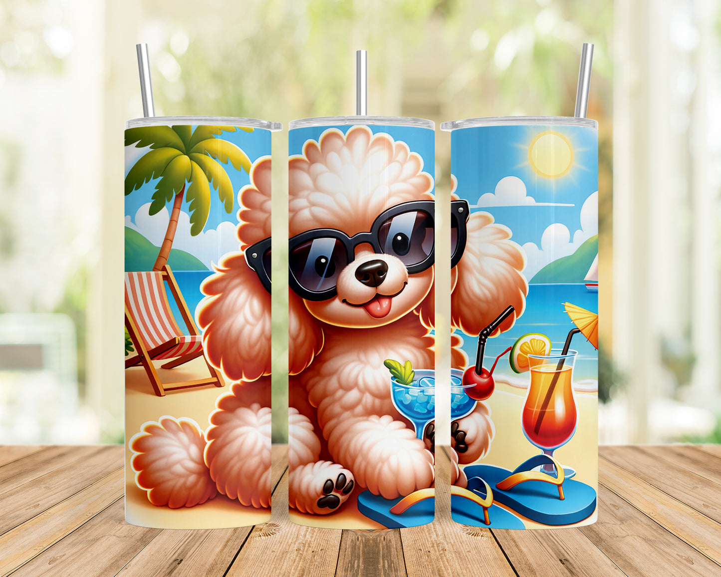 Skinny Tumbler with Straw, 20oz, Dog on Beach,  Poodle, awd-1234