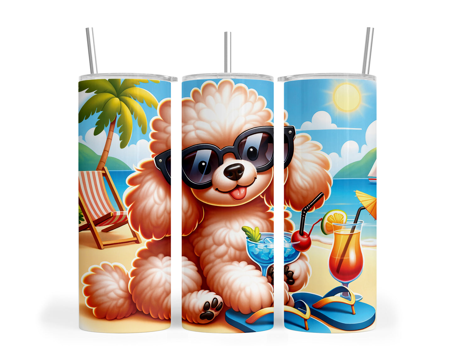 Skinny Tumbler with Straw, 20oz, Dog on Beach,  Poodle, awd-1234