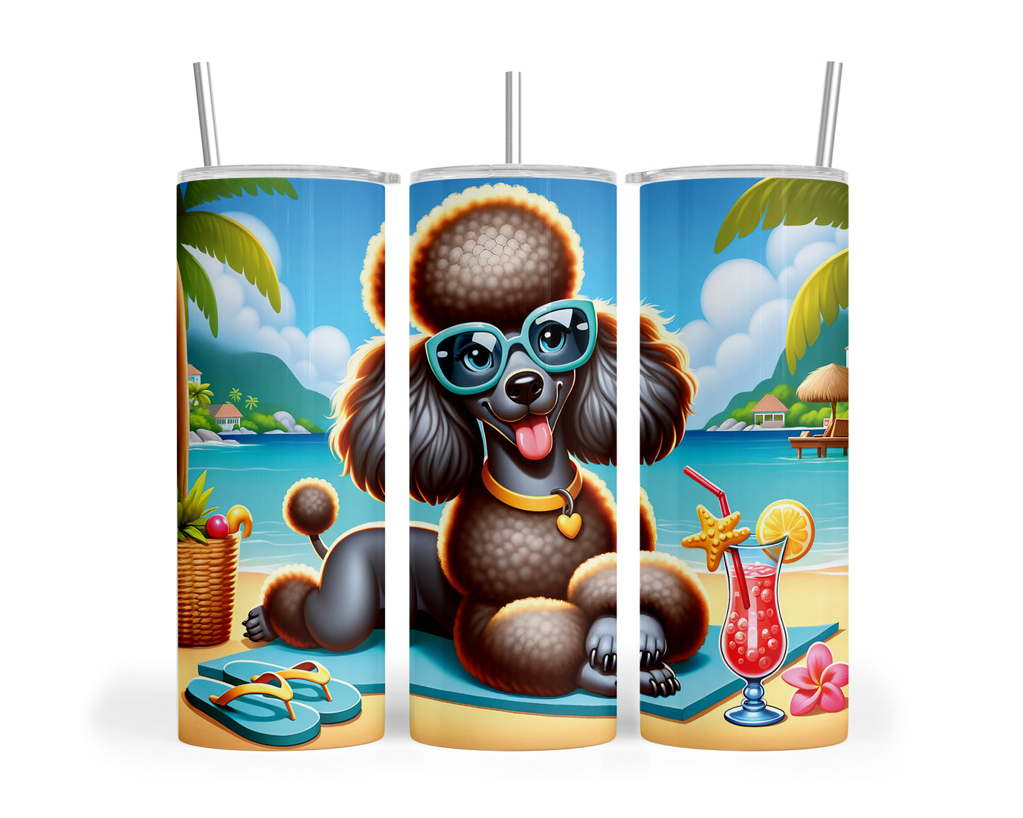 Skinny Tumbler with Straw, 20oz, Dog on Beach,  Black Poodle, awd-1345