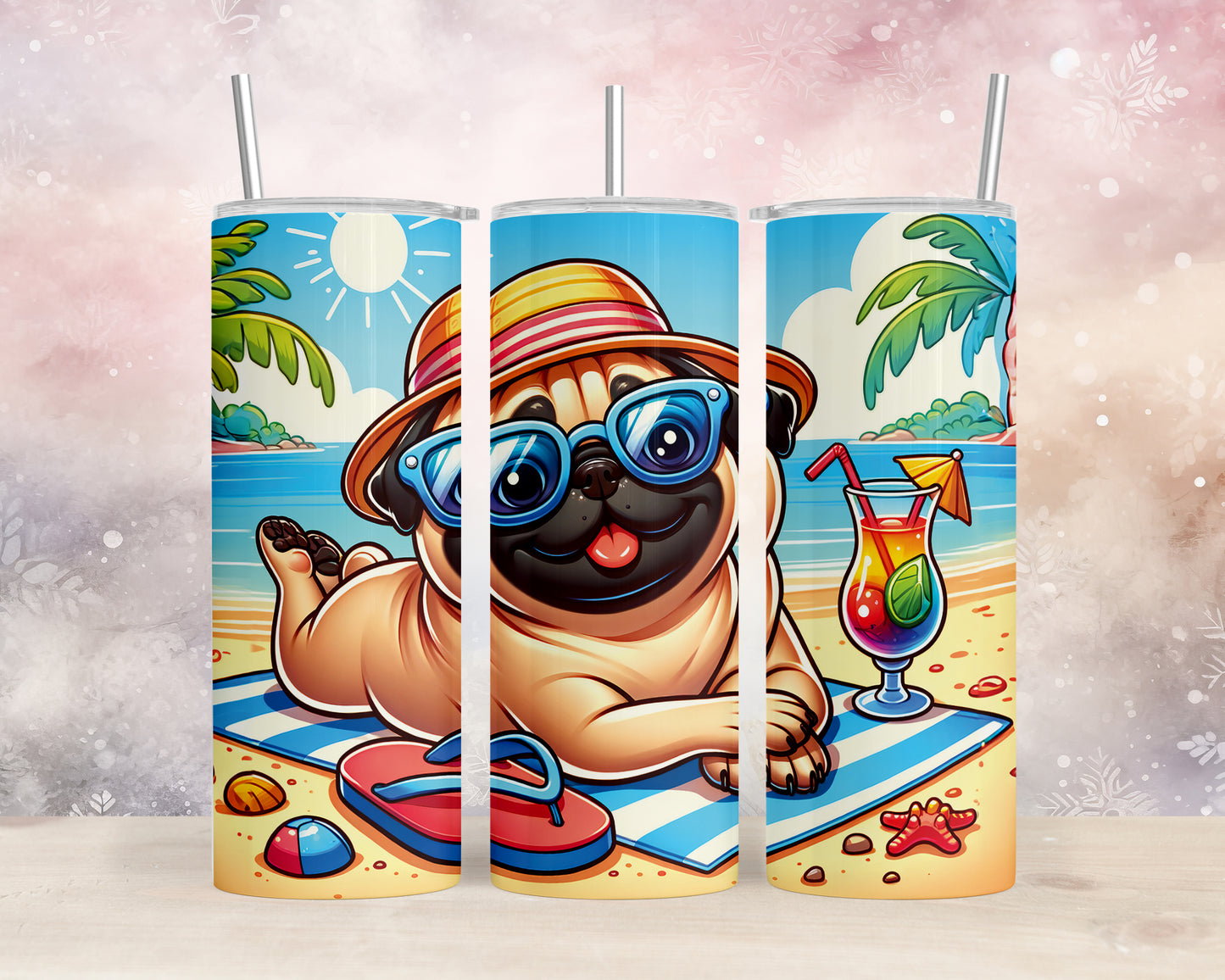 Skinny Tumbler with Straw, 20oz, Dog on Beach, Pug, awd-1236