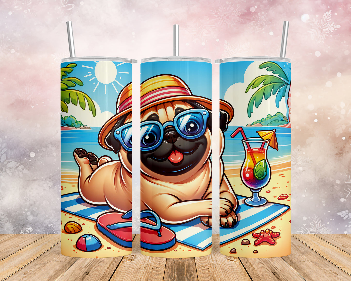 Skinny Tumbler with Straw, 20oz, Dog on Beach, Pug, awd-1236