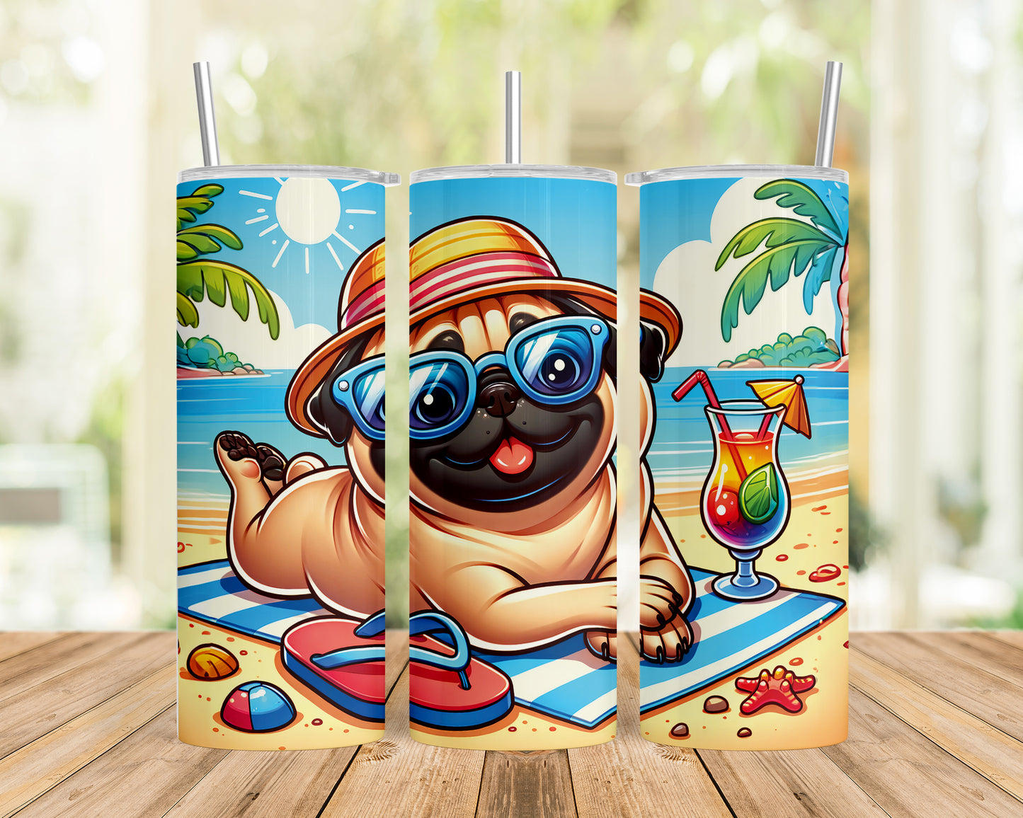 Skinny Tumbler with Straw, 20oz, Dog on Beach, Pug, awd-1236