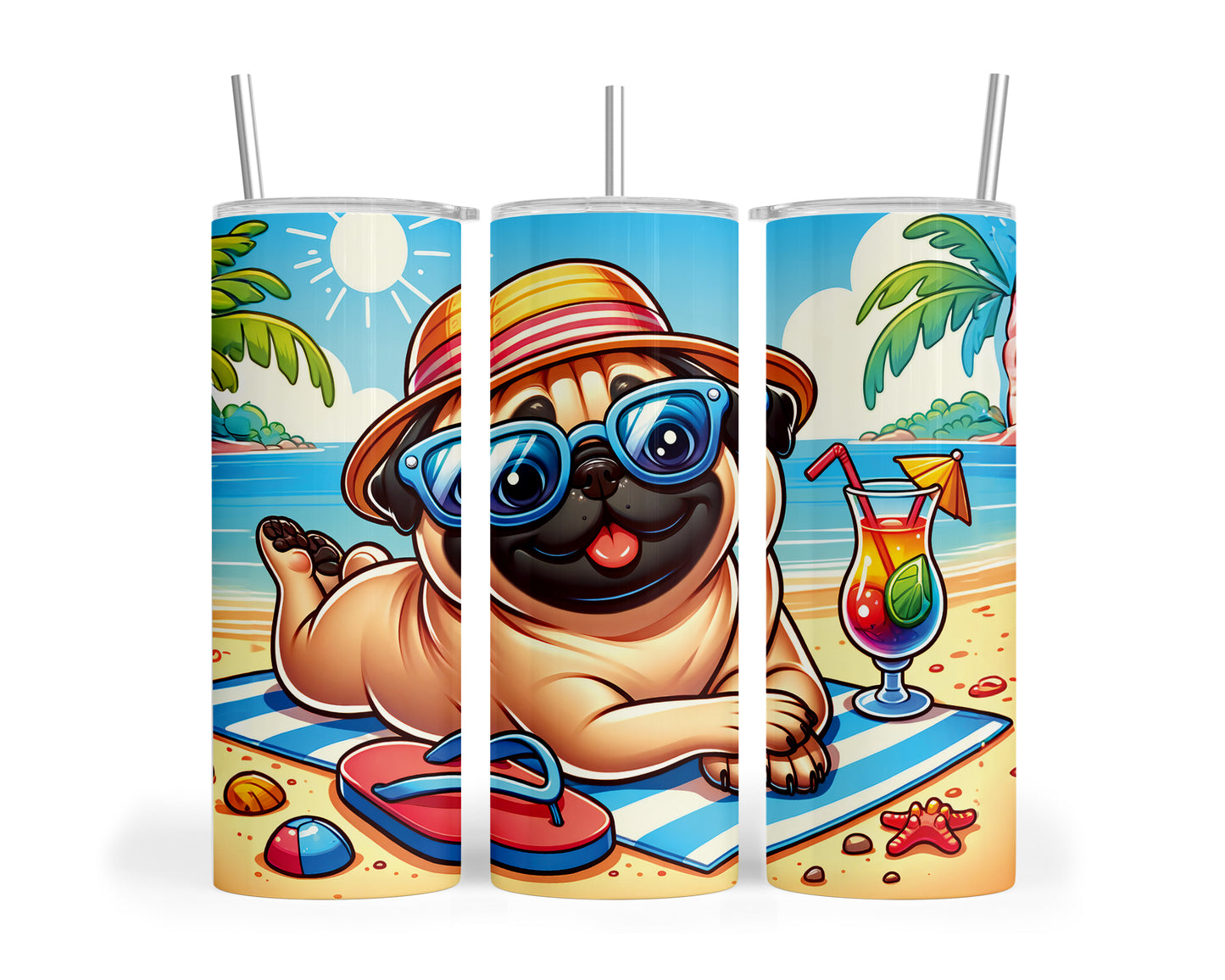 Skinny Tumbler with Straw, 20oz, Dog on Beach, Pug, awd-1236