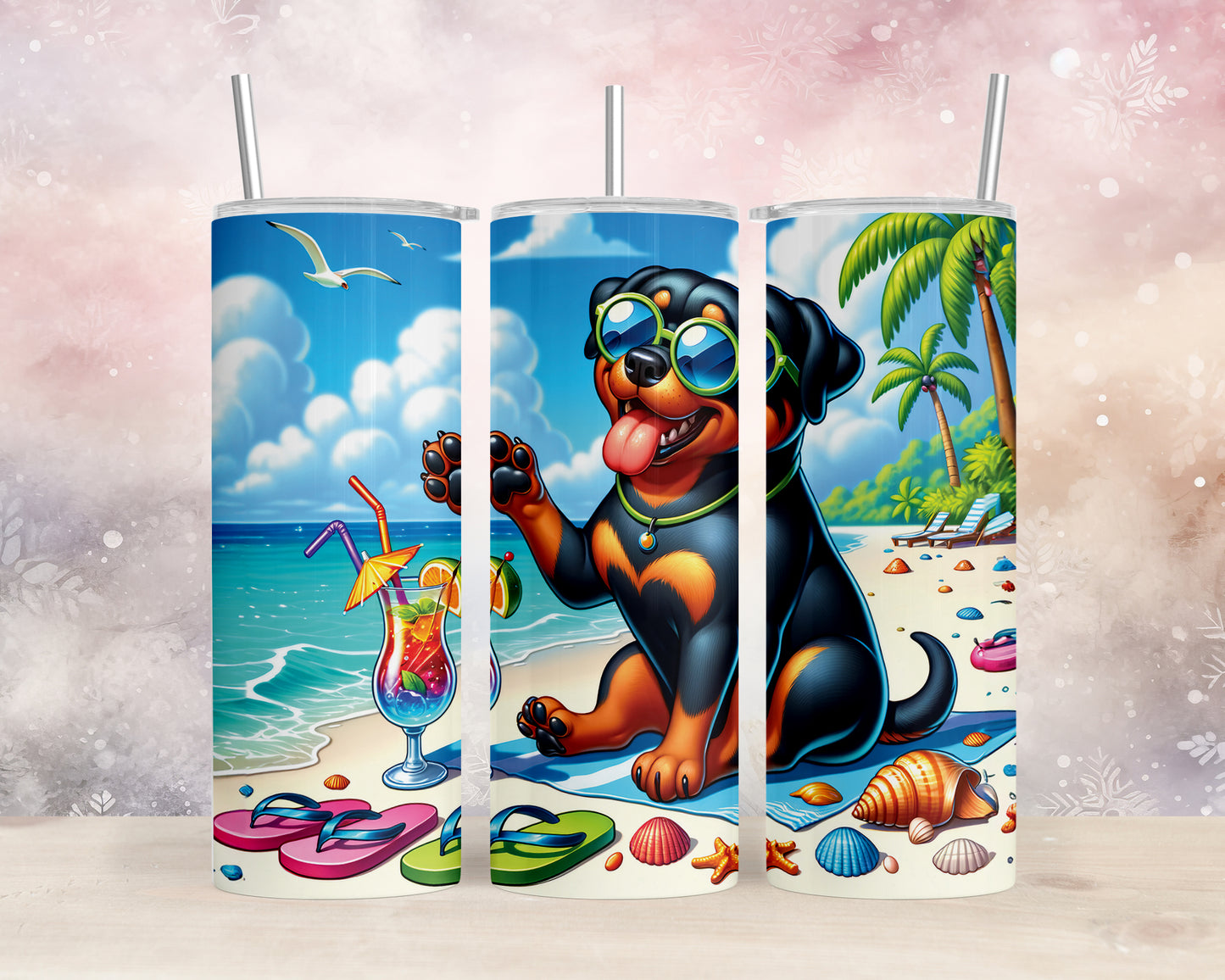 Skinny Tumbler with Straw, 20oz, Dog on Beach,  Rottweiler, awd-1234