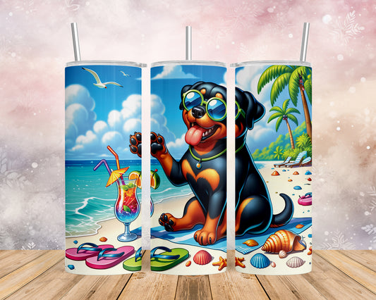 Skinny Tumbler with Straw, 20oz, Dog on Beach,  Rottweiler, awd-1234