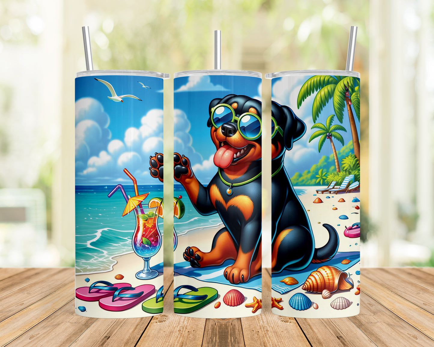 Skinny Tumbler with Straw, 20oz, Dog on Beach,  Rottweiler, awd-1234